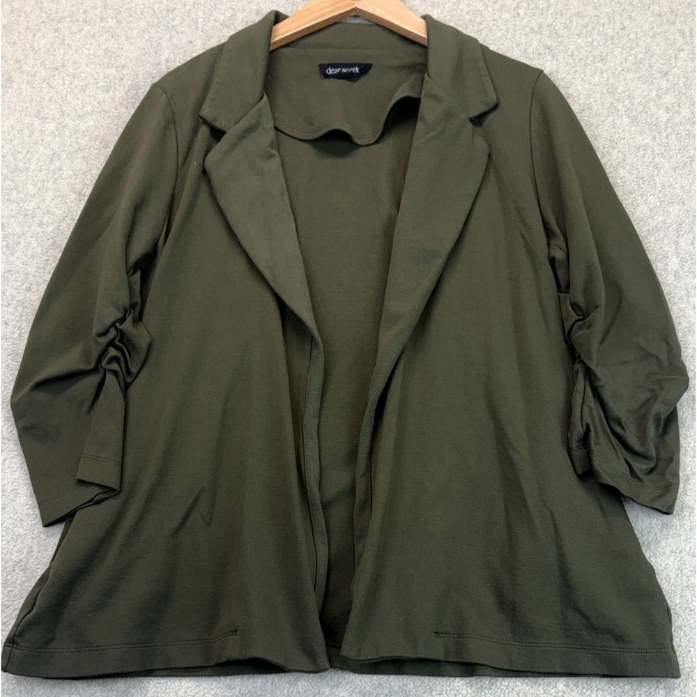 Dear Scarlett Womens Open-Front Blazer Jacket Olive Notch Ruched 3/4 Sleeve L